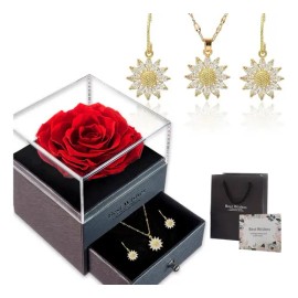 MEESTORY - Set de Joyería Collar y Aretes de Circonia Plateado Girasol, Caja para Collar de Rosa Eterna, Regalo para Amigas Ideal para Mujer