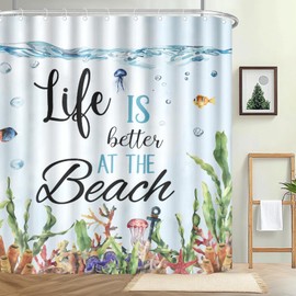 VentuCoven Ocean Shower Curtain Life is Better at The Beach Waterproof Polyester Fabric Bath Curtains with 12 Hooks for Summer Holiday Bathroom Decor 72x72 in