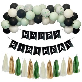 Black and Green Birthday Decorations for Women Girls, Happy Birthday Party Decorations for Men Boys with Banner, Retro Light Green Matte Black White Sand Latex Balloons, Paper Tassel Garland