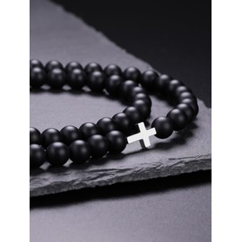 PiercingJak Partner Bracelets Natural Stones Beads Chain Bracelets with Cross Pendant, 2 Pieces Pearl Bracelet Cuff Wrap Bracelets Crystal Stretch Bracelet Gifts for Partner Boyfriend Girlfriend,