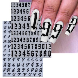 IDDFEVE 8 Sheets Letter & Numbers Nail Stickers - Old English Alphabet Black White Gold Silver Self-Adhesive 3D Nail Art Decals for Women DIY Retro Manicure