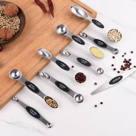 Cucharas Medidoras Magnéticas de Acero Inoxidable, 9 Piezas, Cucharas Medidoras Magnéticas de Doble Cara con Etiquetas, para Ingredientes Secos y Líquidos