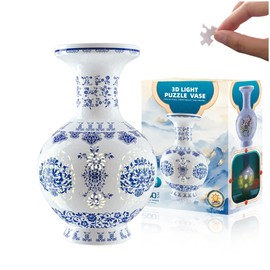 3D Puzzle Vase (Lighted Model) Unique Adult 3D Puzzle with Lighted Flower Arrangement Decorative Vase, Housewarming Gift. Suitable for Home Office Collection Decoration (Blue and White)