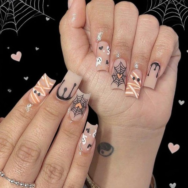 24Pcs Mummy Heart Shaped Ghost Spider Web Press on Nails