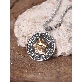 HAQUIL Viking Wolf Necklace, Stainless Steel Ancient Runes Medallion with Fenrir Wolf Head Pendant, Box Chain, Viking Jewelry Gift