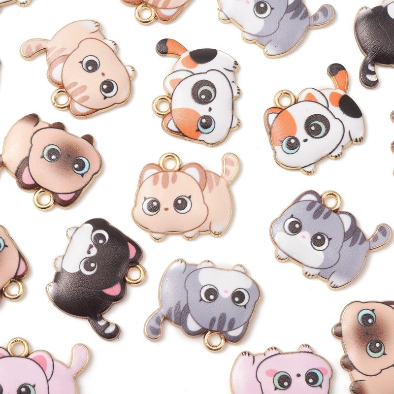 Stiesy 35Pcs 7 Styles Cat Charms Pendants Enamel Colorful Kitten