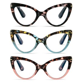 MMOWW Cat Eye Reading Glasses for Women Fashion Cute Blue Light Blocking Readers 3 Pack, Grey Tortoise/Blue Tortoise/Pink Tortoise +1.5