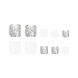 MISUD White Press on Toenails Glossy Fake Toe Nails Glue on Nails Bling Silver Glitter Acrylic Toe Fake Nails Supplies Summer False Toenails Art with Design Full Cover Press-on Toe Nails DIY 24pcs
