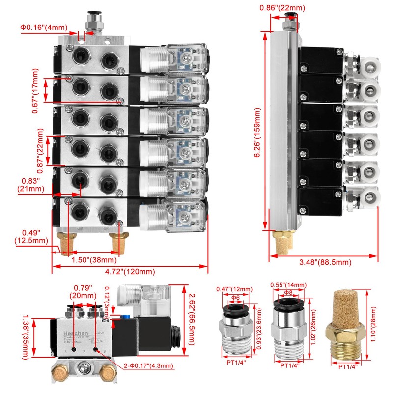 Heschen Electrical Pneumatic 6 Solenoid Valve, 4V210-08, AC220V Coil, PT1/4''