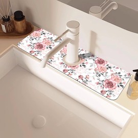 Pink Rose Floral Kitchen Sink Splash Guard Mat Absorbent Fast Drying Mat Faucet Draining Mat Sink Splash Guard Behind Faucet Drip Catcher for Kitchen Bathroom 5.5"×15"