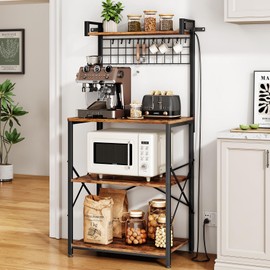 Bakers Rack with Power Outlet, Kitchen Shelves Microwave Stand with Wire Grid and 10 Hooks, 4 Tiers Coffee Stand (23.5 x 15.6 x 52.8 Inches)