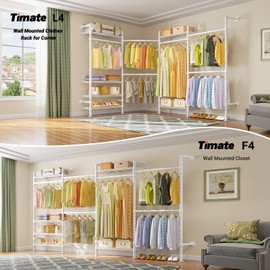 Timate L4 L Shape Garment Rack Heavy Duty Clothes Racks for Hanging Clothes, Expandable Industrial Pipe Clothing Rack Wall Mounted Closet Organizer Large Wardrobe Closet Kit Corner Closet System White