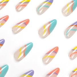 JUSTOTRY 24 Pcs Almond Shape Press on Nails,Short Medium Length with Cute Colorful Rainbow Swirls French Designs Fake False Nails with Glue,Oval Nail Art for Women and Girl Stick on Nails