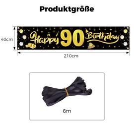 GoldRock 90th Birthday Decoration Banner, Birthday Banner 90 Years, 90th Birthday Woman Man, 90th Banner Birthday, Happy Birthday Banner Gift for 90th Birthday Decoration 210 x 40 cm, Birthday
