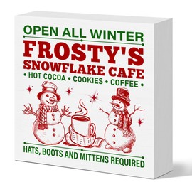 Christmas Desk Decor, Christmas Holiday Xmas Decoration Home Kitchen Living Room Table Winter Decor, Christmas Snowman Cafe Decor Wooden Box Sign, Open All Winter, Christmas Gifts for Coffee Lover