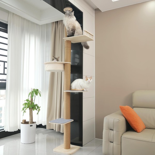 Floor-to-Ceiling Cat Tree, Adjustable Height (60-114 in), 4-Tier Climbing Tower