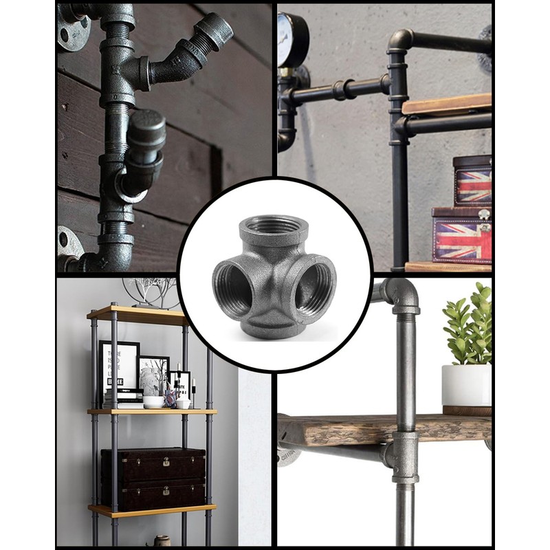 AGUTEA Right Angle Black Malleable Iron Tee Fitting 4-Way Side