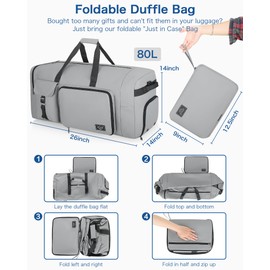 80L Large Duffle Bag for Travel, Urtala 26” Travel Duffle Bag for Men and Women, Foldable Traveling Duffel Bags with Shoes Compartment, Waterproof and Tear Resistant (Gray)