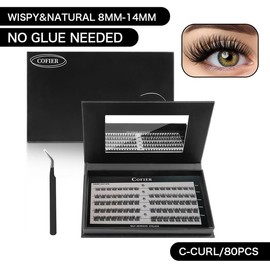 COFIER 【Live Only (Super Natural)】 DIY Lash Kit 8-14mm Press on Lash No Glue Lash Self-Adhesive No Glue Needed Friendly Eyelashes Set with Tweezers 80/100 Pcs - Makeup, Cosmetic - Specification: Short Cat Eye(8-14mm/100 PCS)