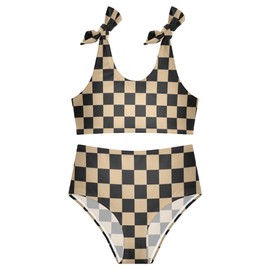 Girls Tankini Swimsuit 2 Piece Brown Plaid Chessboard Summer Bikini Bathing Suit 7-8T