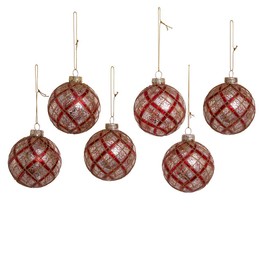 80MM Silver with Gold and Red Plaid Glass Ball Ornaments, 6-Piece Set