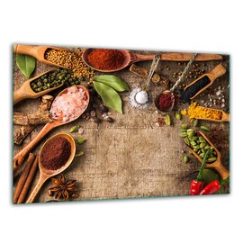 TMK ArtDeko, Glass Chopping Board - Robust Kitchen Top 30 x 22 cm with Wooden Spices Motif Chopping Plate, Stove Cover Plate Decorative Glass
