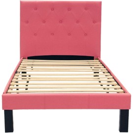 Maykoosh Elegant Escape Furniture Twin Upholstered Bed Frame with Slats in Pink Faux Leather Material, Including Headboard, Footboard and Rails - 84" L x 40" W x 35" H