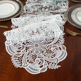 auons White Crochet Lace Table Runner Dresser Scarf Daisy Floral Macrame Table Runner Farmhouse for Home Banquet Wedding Coffee Buffet Table Decor, 12 x 55 Inch