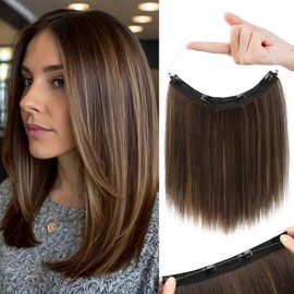 REECHO 12" Invisible Wire Hair Extensions with Thinner Softer Lace Weft Adjustable Size Removable Secure Clips in Short Straight Secret Hairpiece for Women - Dark Brown with Highlights