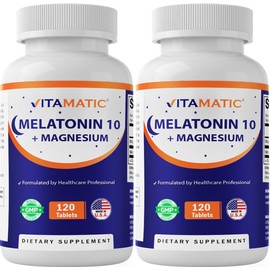 Vitamatic Melatonin 10 mg with Magnesium 200 mg 120 Tablets - High Potency Sleep Support Supplement, Non-GMO, Sugar-Free, No Artificial Colors or Preservatives - 2 Pack