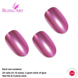 Bling Art Oval False Nails Fake Acrylic Matte Pink Metallic 24 Medium Tips Glue