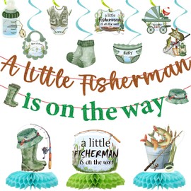 Rakuto Fishing Baby Shower Party Decorations for Boy - 13PCS a Little Fisherman is on the Way Banners with Hanging Swirls Decoration Fish Themed Honeycomb Centerpieces Decor Supplies