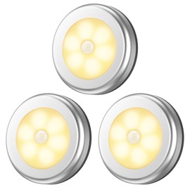 AMIR Upgraded 3.15” Motion Sensor Light, 3 Pack Battery-Powered LED Night Light, Closet Lights Stair Lights, Puck Lights, Safe Lights for Hallway, Bathroom, Bedroom, Kitchen (Silver - Warm White)