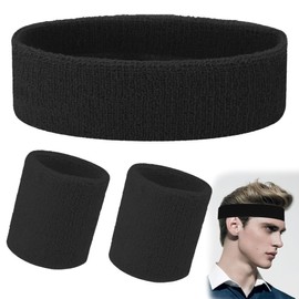 FENQURO Set of 3 Sweatband Set, Sports Headband, Wrist Striped Sweatbands, Terry Towelling, Sports Training, Basketball Wristband, Headbands, Moisture Wicking, Sweat-Absorbing Headband (Black)
