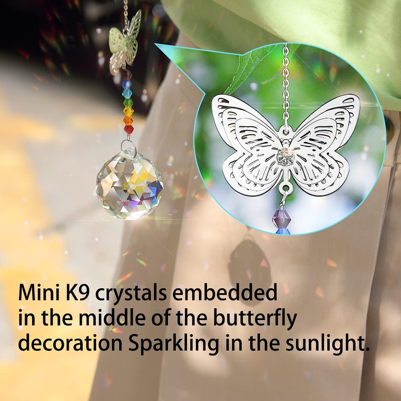 MerryNine クリスタルサンシャインキャッチャー カラフルなハート/ピパ/ロンガン/クリスタルプリズムボール+バタフライペンダント 窓辺 レインボーハンギング ホームガーデン 窓 車の装飾 クリスマスツリーデコレーション 4個