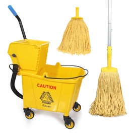 35-Qt Side Press Wringer Combo Commercial Floor Cleaning Rectangular Mop Bucket on Wheels, Yellow,Add One Commercial Mop and One Mop Head Replacement