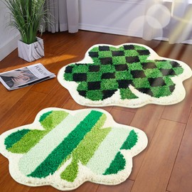 EYNDYN 2 Pieces Shamrock Bathroom Rug St Patricks Day Lucky Green Black Plaid Bath Mat Non Slip Shamrock Shaped Door Mat for Shower Bathtub Rug Bedroom Kitchen Rug Holiday Decor (Shamrock)