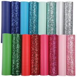 Picheng Texture Chunky Glitter Faux Leather Sheets: 8Pcs Mixed Chunky Glitter Leather Sheets + 8Pcs Solid Grain Colors Leather,8.2x6 Inch A5 Mixed Bundle for DIY Craft Bows Earrings Making…