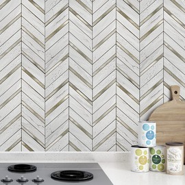 Art3d 10-Sheet Herringbone Peel and Stick Backsplash, Self Adhesive Marble Tiles Stick on Wall Tiles for Kitchen, Bathroom.(Stone Beige Mixed Gold Metal)