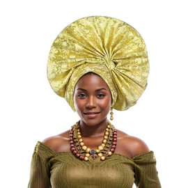Nigerian hat Handmade Brocade Folding Fan Gorgeous African Women's Headscarf hat, Suitable for Wedding Parties (US, Numeric, 5 1/8, 6 1/4, Golden)