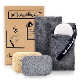 Bolsa de jabón exfoliante para jabón | Esponja exfoliante corporal, exfoliante para baño o ducha | para jabón de barra grande o puntas sobrantes | Gris grafito, paquete de 2 + 2 almohadillas de levantamiento de jabón