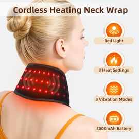 Neck Heating Pad for Pain, Cordless Neck Massager with Heat, Heated Neck Wrap with 660nm 850nm Red Light Heats, 3 Levels Heat & Massage Neck Warmer Brace