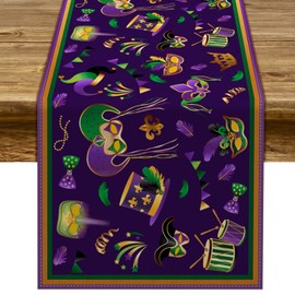 Pudodo Mardi Gras Table Runner Carnival Mask Fleur De Lis Tablecloth New Orleans Masquerade Party Kitchen Dinning Home Decoration (13" x 72")