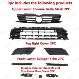 Unbranded 9PC For Jetta 2015-2018 Front Chrome Grille Mesh Bumper Support Bracket Trim Kit
