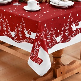 Alishomtll Christmas Red White Tablecloth, Washable Rectangular Waterproof Wipe Clean Table Cloth, Cartoon House Elk Table Cover for Winter Holiday Dinner Decoration, 55x79in/140x200 cm