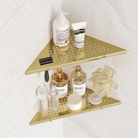 Qeke 10" Bathroom Corner Shelf, 2 Pack Recessed Shower Shelf Caddy, SUS304 Stainless Steel Shelf Wall Mount Triangular, No Drilling Brushed Golden