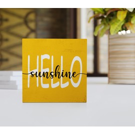 Hello Sunshine Mustard Wood Box Sign - Rustic Summer Wooden Block Signs for Home, Living Room, Garden, Wall, Tabletop, Shelf Decor