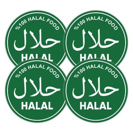100% Halal Food Sticker – Set of 4 Round Green Vinyl Decals – Laminated Arabic & English Halal Sign for Restaurant Window Stickers, Shopfront – Halal Certification Sign – Waterproof (4 pieces)