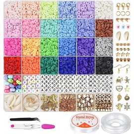 scondou 6000 Clay Beads for Jewellery Making,24 Colors 6mm Disc-Shaped Polymer with Pendant Charms Kit Letter and Elastic Strings DIY Craft, Bracelets, Necklace, Making Kit, Hand