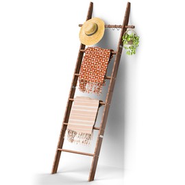Farmhouse Wooden Blanket Ladder with Removable Hooks, 6-Tier (70'') Rustic Blanket Rack Stand, Leaning Towel Quilt Rack Holder for Bathroom Living Room Decor Brown